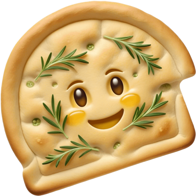 Cinematic Realistic Focaccia Bread Dish Emoji, depicted as a golden, olive oil brushed flatbread sprinkled with herbs rendered with lifelike texture and soft, appetizing lighting. emoji