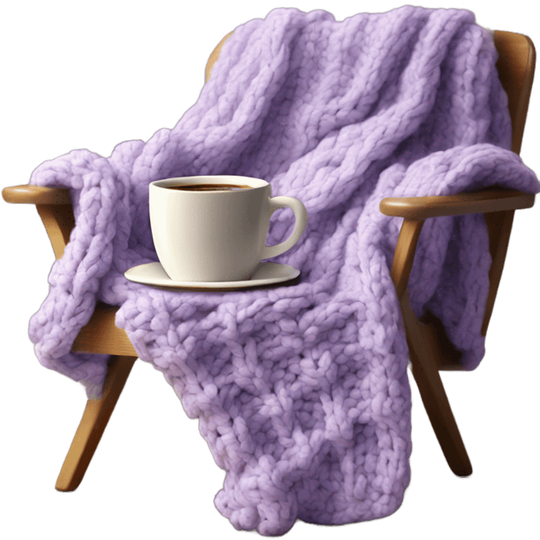 Design an inviting emoji of a chunky knit blanket folded on a comfy chair, with a cup of coffee nearby, evoking a cozy home setting.light purple emoji