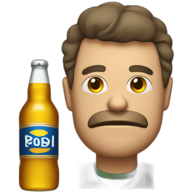 A man with a broken eye and a bottle of beer emoji