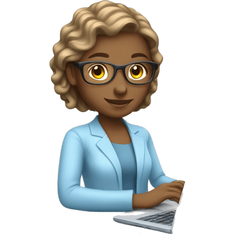 Beautiful white teacher using laptop in light blue dhirt emoji