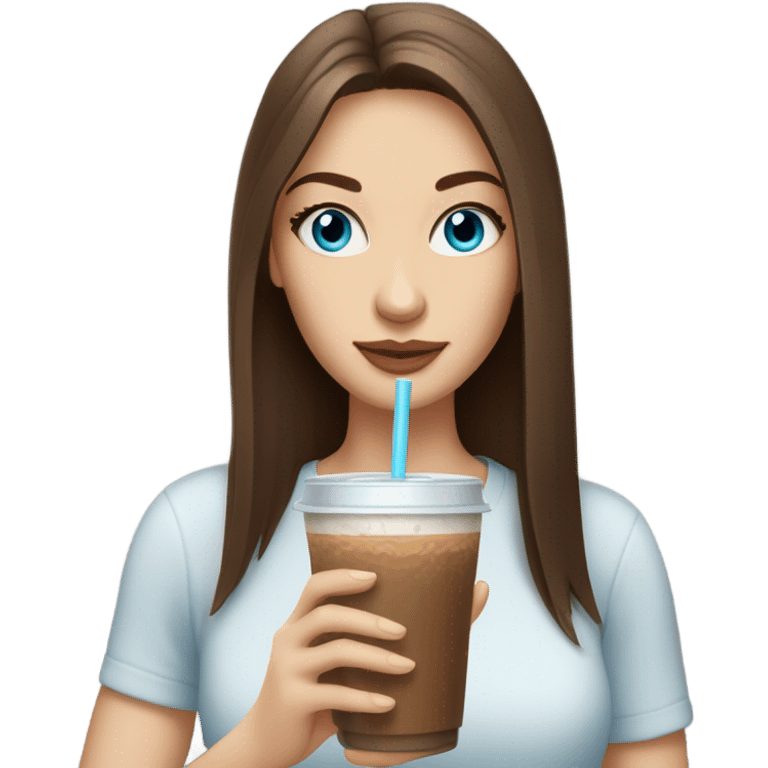 brown hair blue eyes long straight hair white skin woman holding an iced coffee emoji