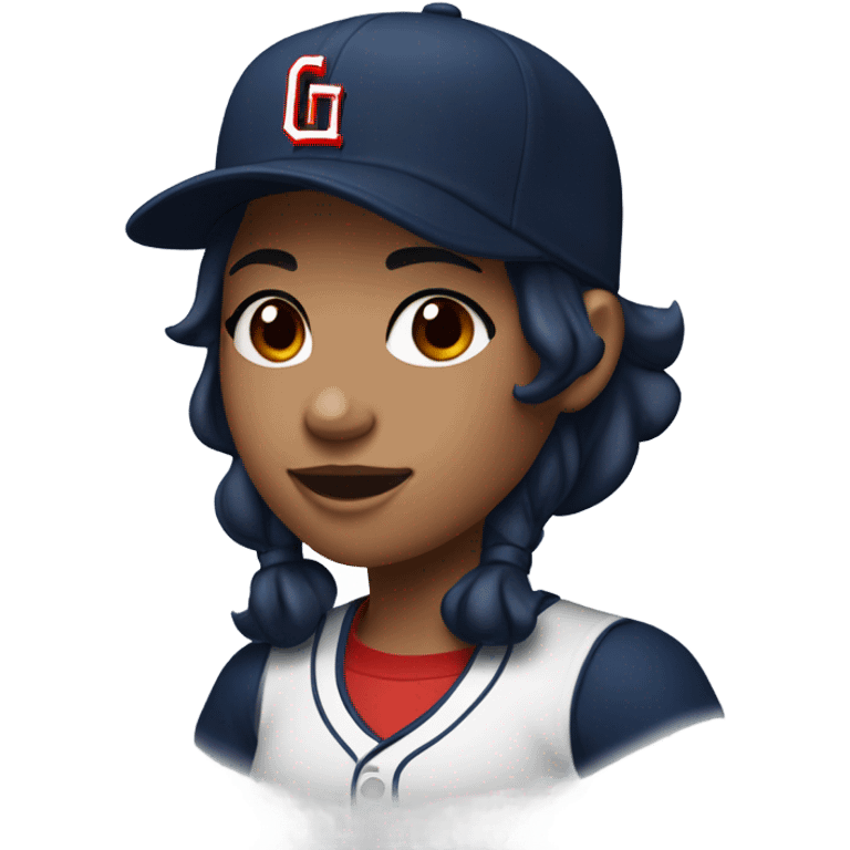 Black long hair girl wearing navy ballcap emblazoned with a red G initial and wearing baseball uniform emoji