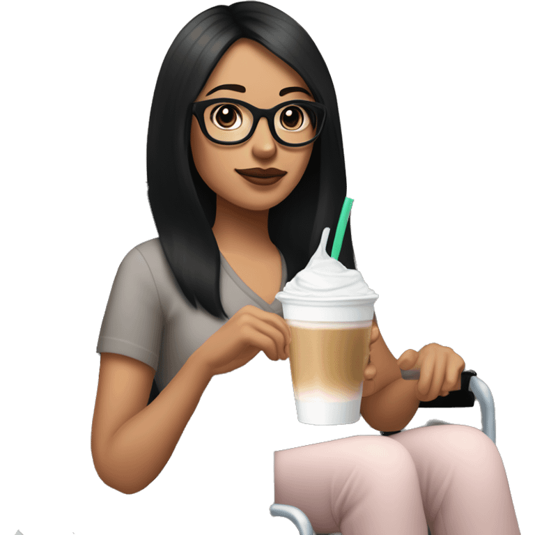 A young woman with straight black hair, light skin, and dark brown eyes sits in a black wheelchair. She has a light pink hearing aid, large black glasses, and a small mole by her right lip. Holding an iced coffee, she exudes a calm, stylish vibe. emoji