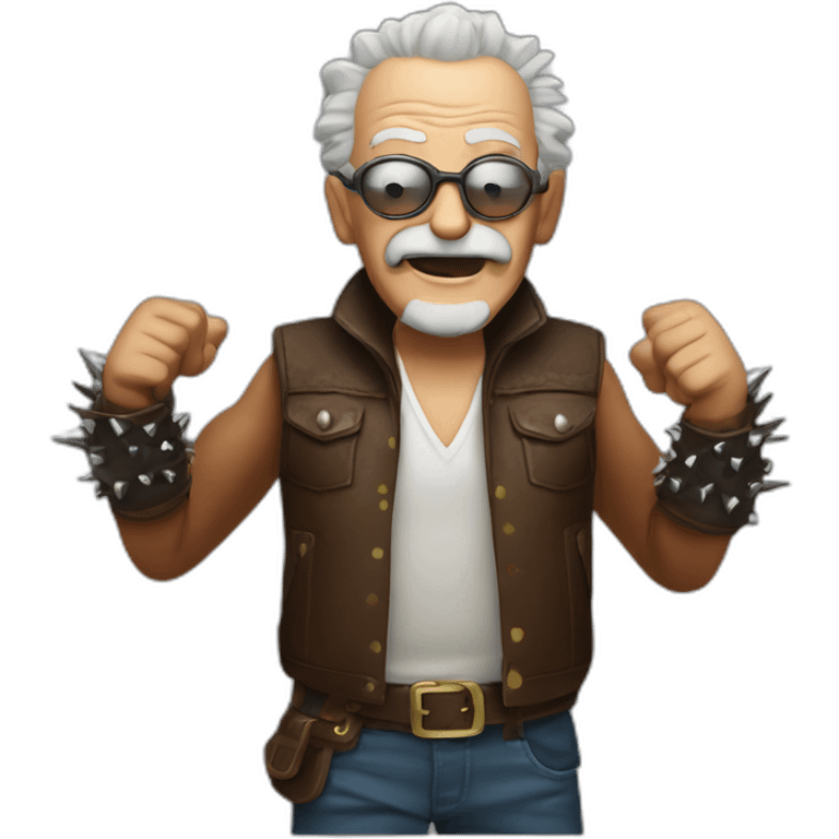 Old man with leather and spikes wrist band partying like crazy emoji