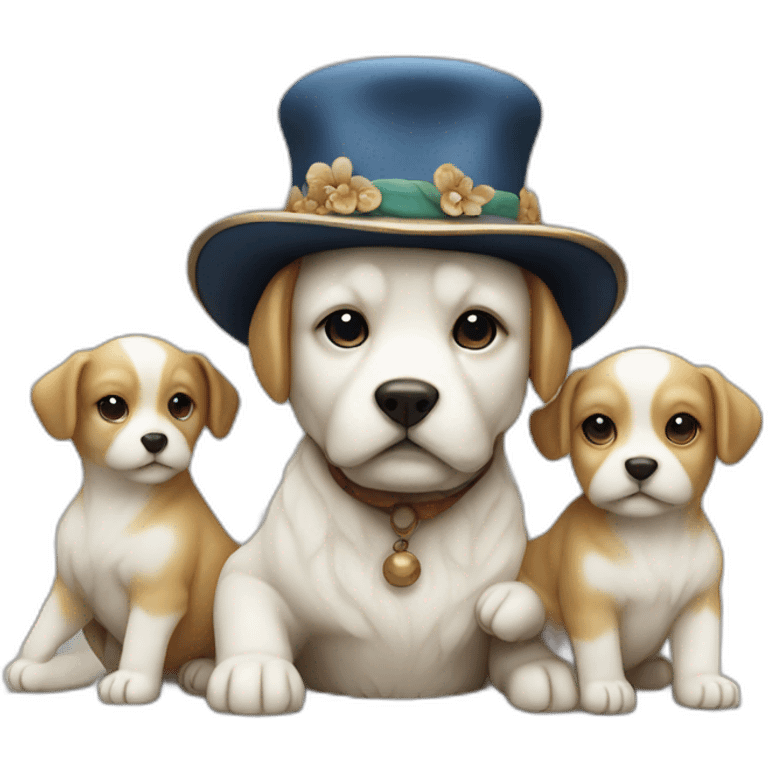 Netsuke dog with puppies and a hat emoji