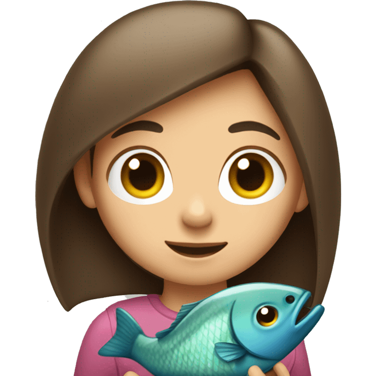 A girl with straight brown hair holds a fish in her arms emoji