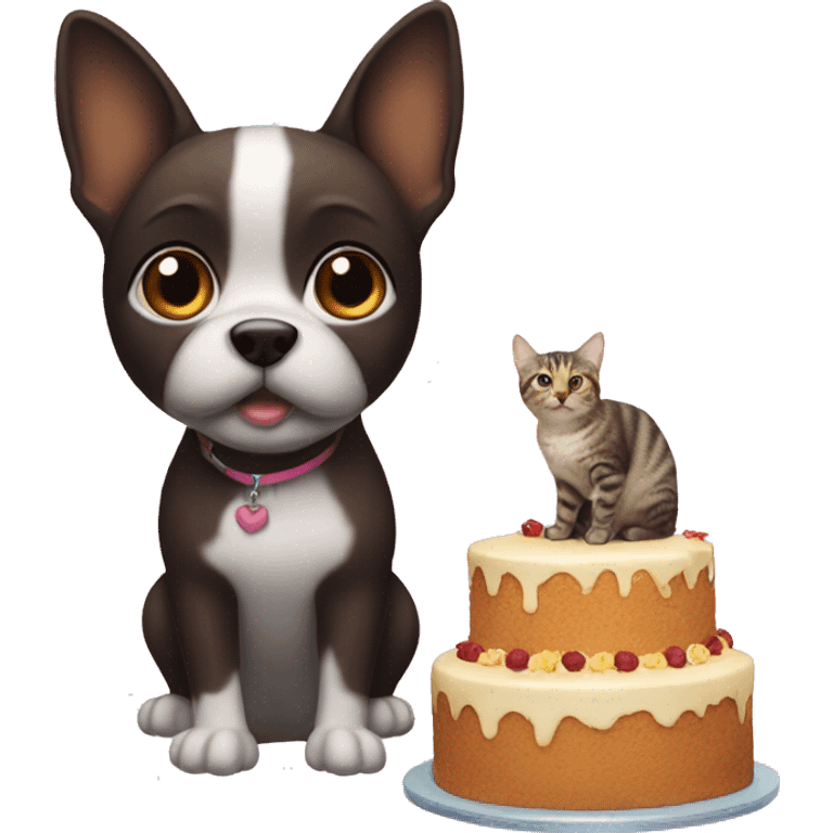 different pets are sitting nearby, there is a cake in front of them emoji