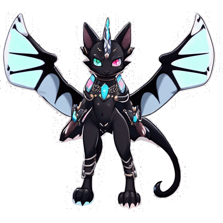 Anthro cool punk kawaii edgy distinguished pretty elegant beautiful fantasy black ethereal cartoon nargacuga-Noivern-sphynx-Quiana-Fakemon collar harness chains necklace full body emoji