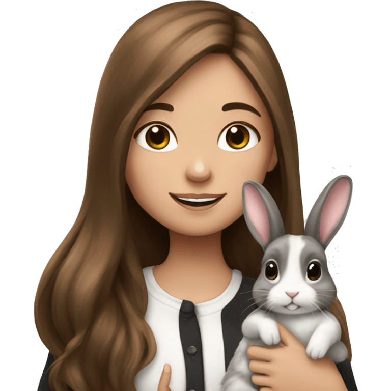 Girl with long brown hair holding two black and white spotted bunny rabbits emoji