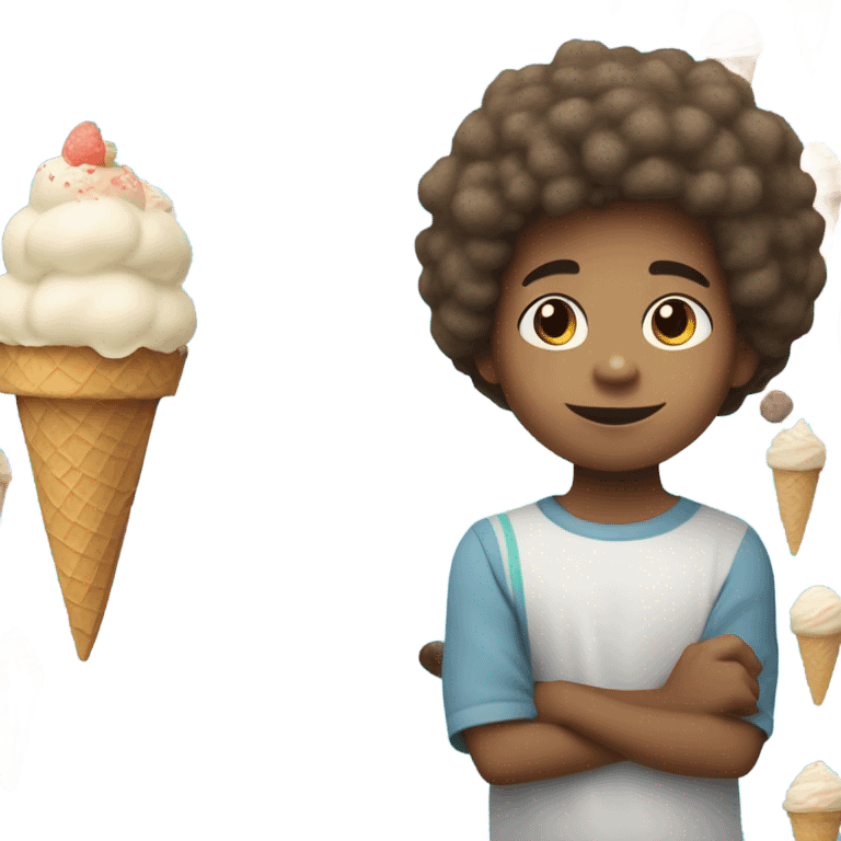 Light skin color fat boy nine years old with a small Afro eating ice cream   emoji