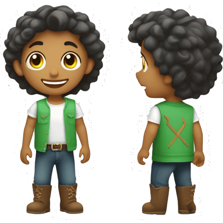 Un niño con el pelo rizado y moreno, con los ojos verdes y una sonrisa que le falta un diente tiene varias pecas por la cara y va vestido con un peto vaquero y una camiseta por dentro del peto, de color blanca. emoji