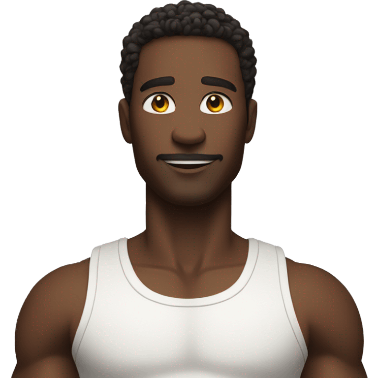 a black man wearing a white tank top standing straight with his arms raised straight up emoji