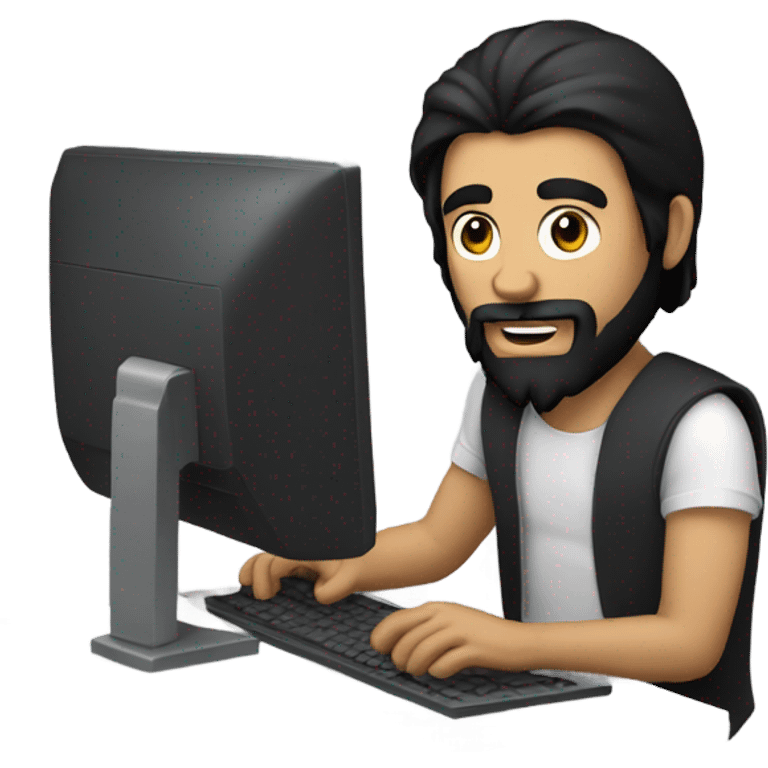 A guy with black beard and black long hair playing on a compu emoji