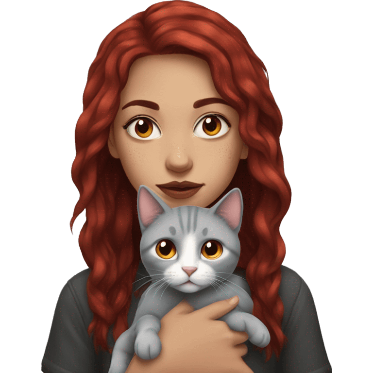 Girl with dark red hair and septum piercing holding grey cat emoji