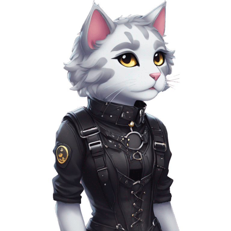 Gorgeous sparkly legendary shiny gradient gothic dark techwear anime style anthro cat with blushing face aesthetic and pretty edgy black with collar and harness trending style emoji