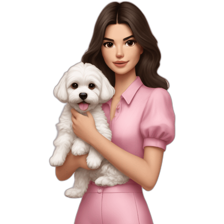 brunette Kendall Jenner with long hair holding on the hands white maltipoo in pink collar emoji