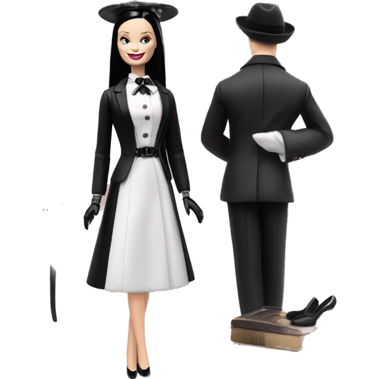 Afternoon Suit Barbie. Wednesday Addams at home. Smiling.stilettos, gloves, picture hat, Very Pale-white porcelain skin.  emoji