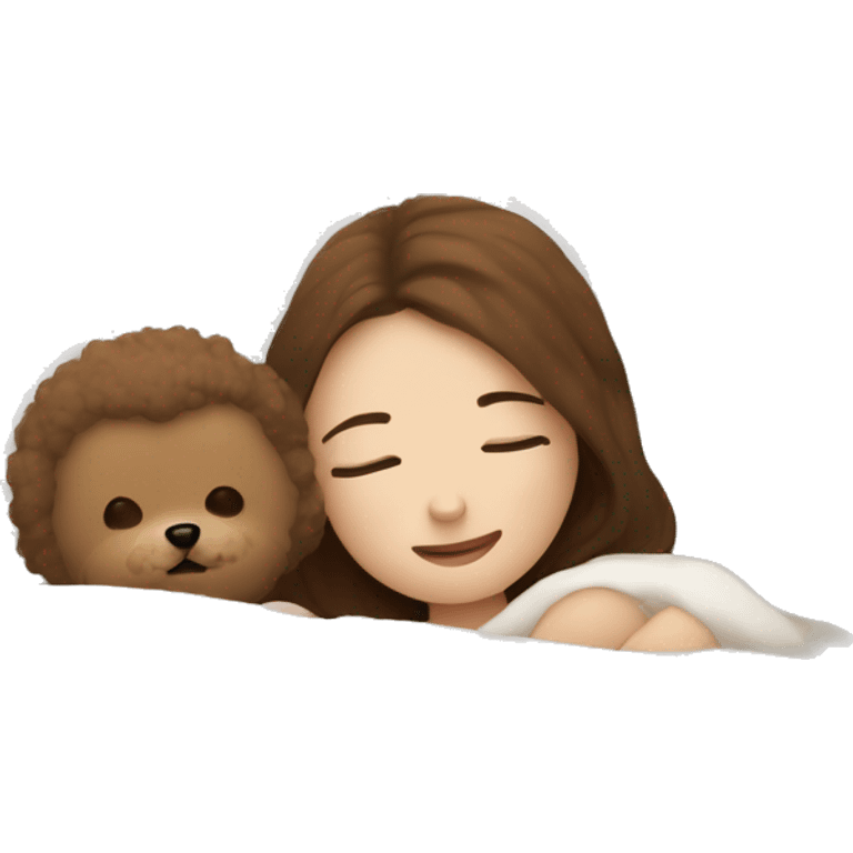 white pillow and a blanket, a white-skinned, brown-haired woman is sleeping with a little baby Bichon Friese emoji