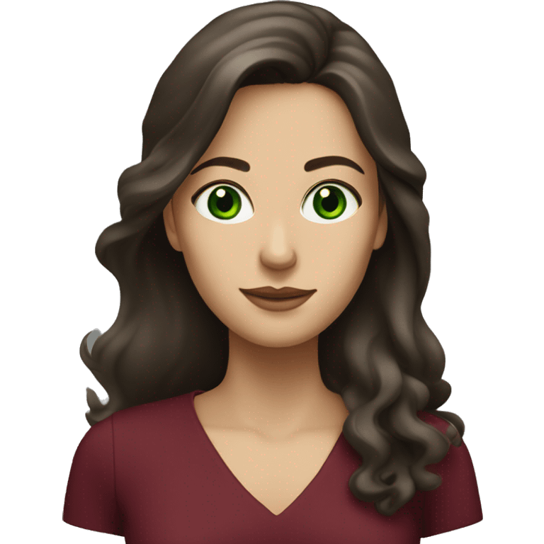 Long haired, Brunette woman with green eyes and burgundy dress emoji