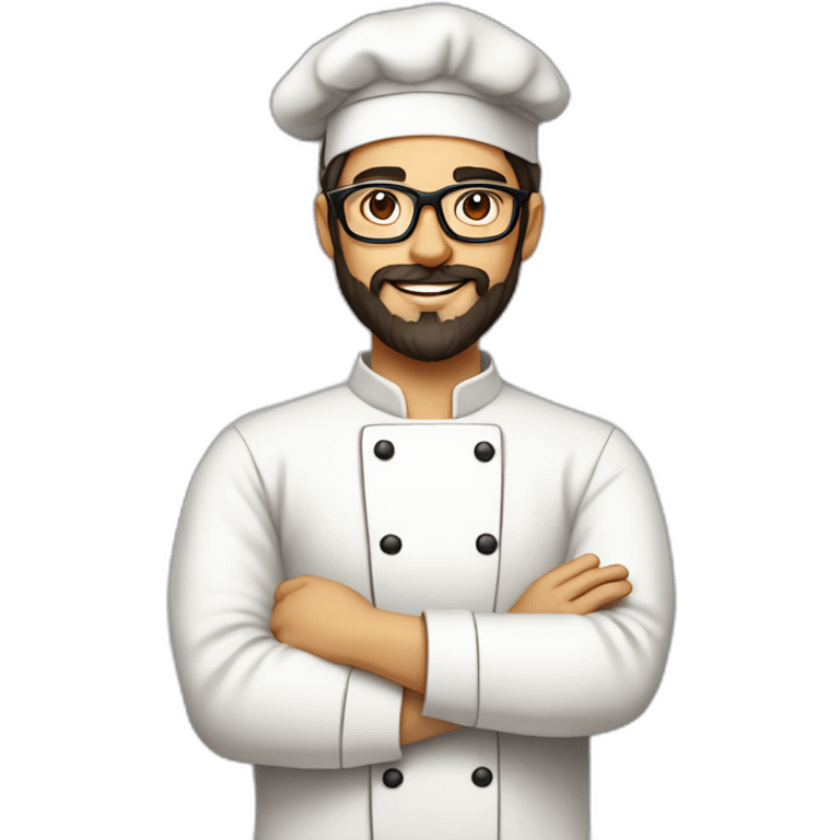 30 years old chef with beard and smooth short dark hair and big glasses proudly holding a pizza emoji