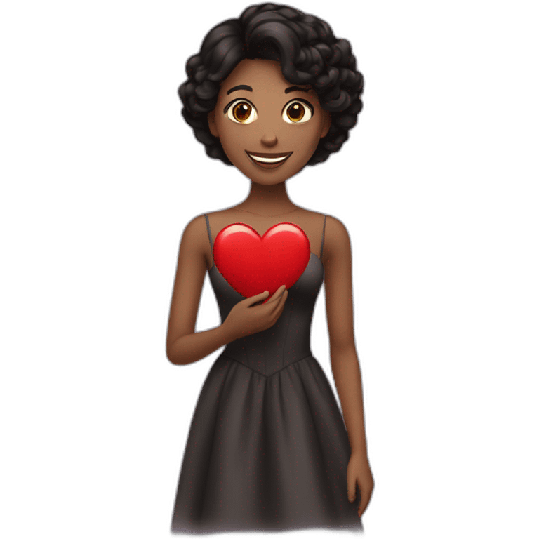  20 year old woman with brown skin wearing a formal dress, black hair, smiling and holding a red heart emoji