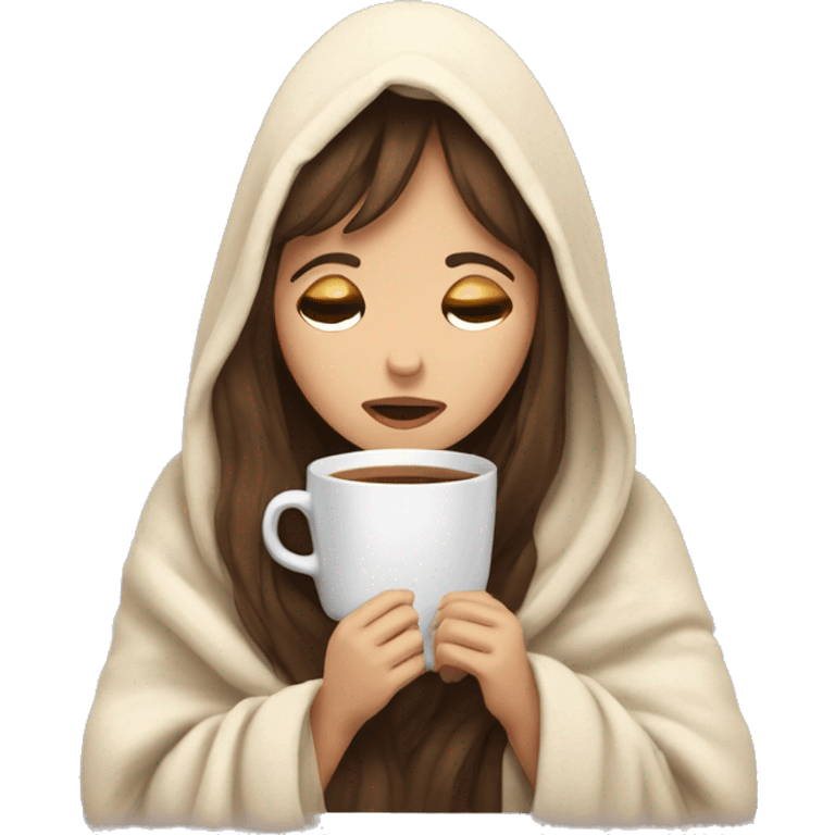 girl inside a blanket sipping coffee eyes closed white skin, brown hair and bangs emoji