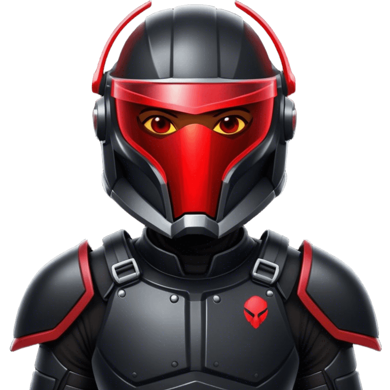 A futuristic bounty hunter in sleek black armor, glowing red visor in the dark emoji