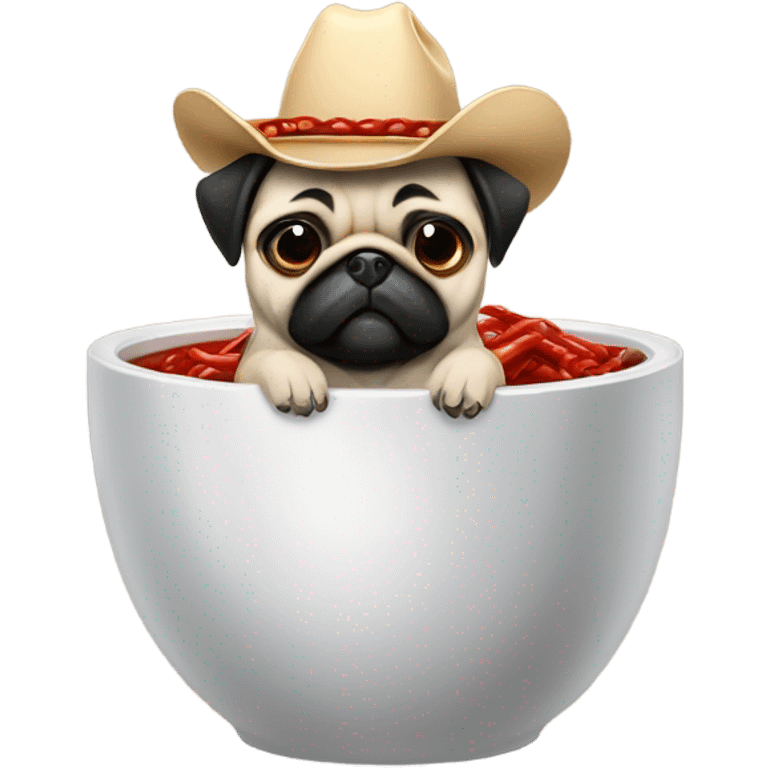 Pug with a bowl of chili riding a husky cowboy hats emoji