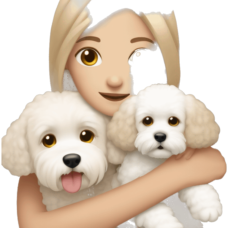 Girl with light brown medium length hair with brown eyes cuddling with her white Bichon frise with short hair emoji