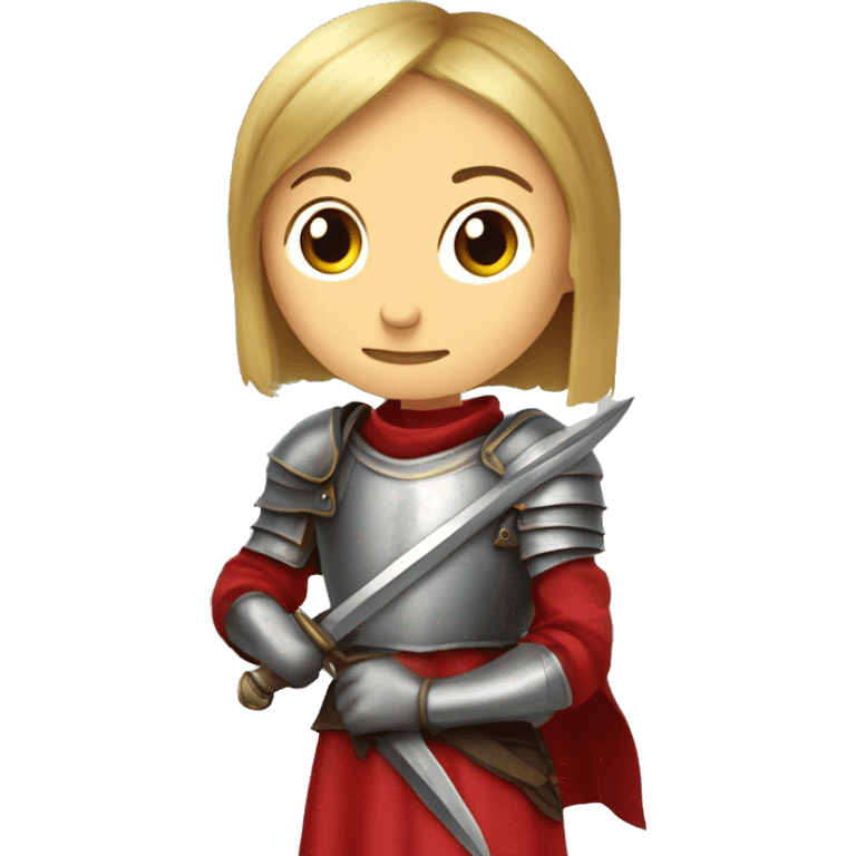 Joan of arc in medieval armor kneels, looking upward, with hands resting on a large sword. They're dressed in a red garment under the armor. emoji