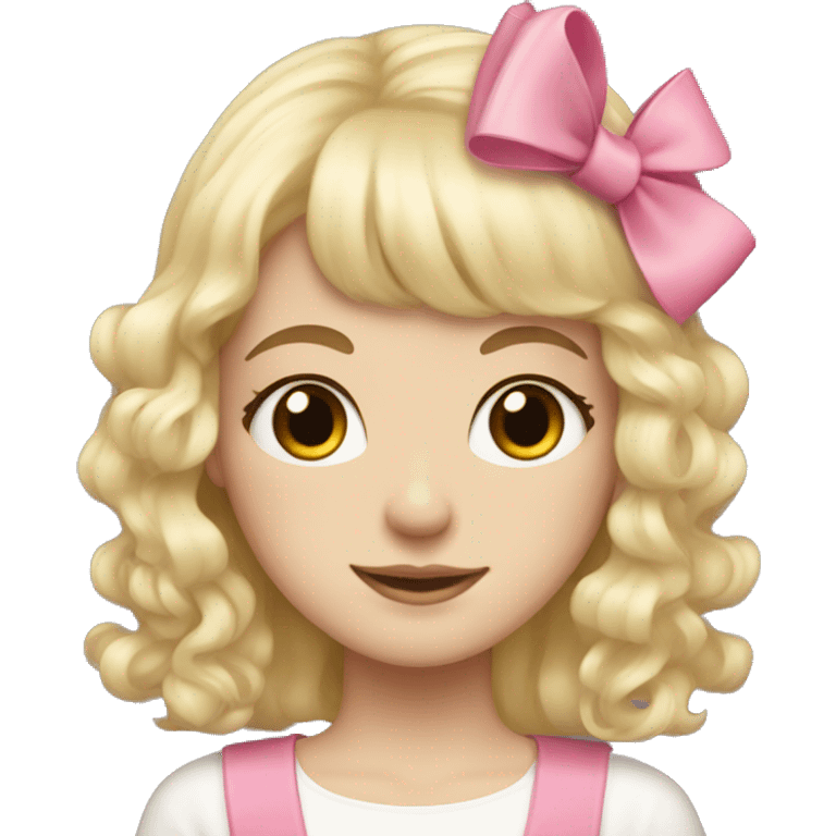 Blonde, pale girl with bangs and curly, long hair with pink bows  emoji