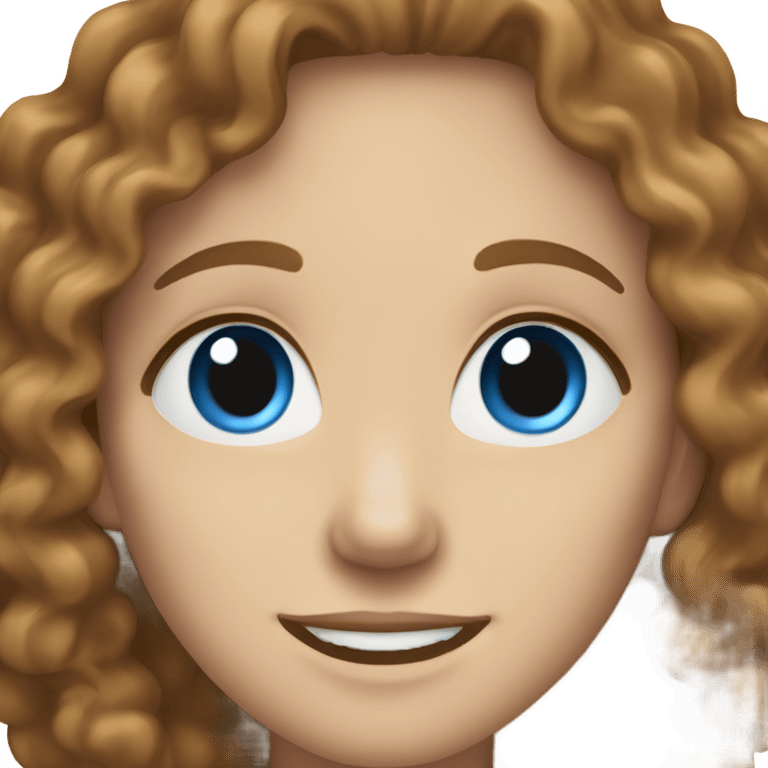 White woman smiling with blue eyes and curly wavy brown hair emoji