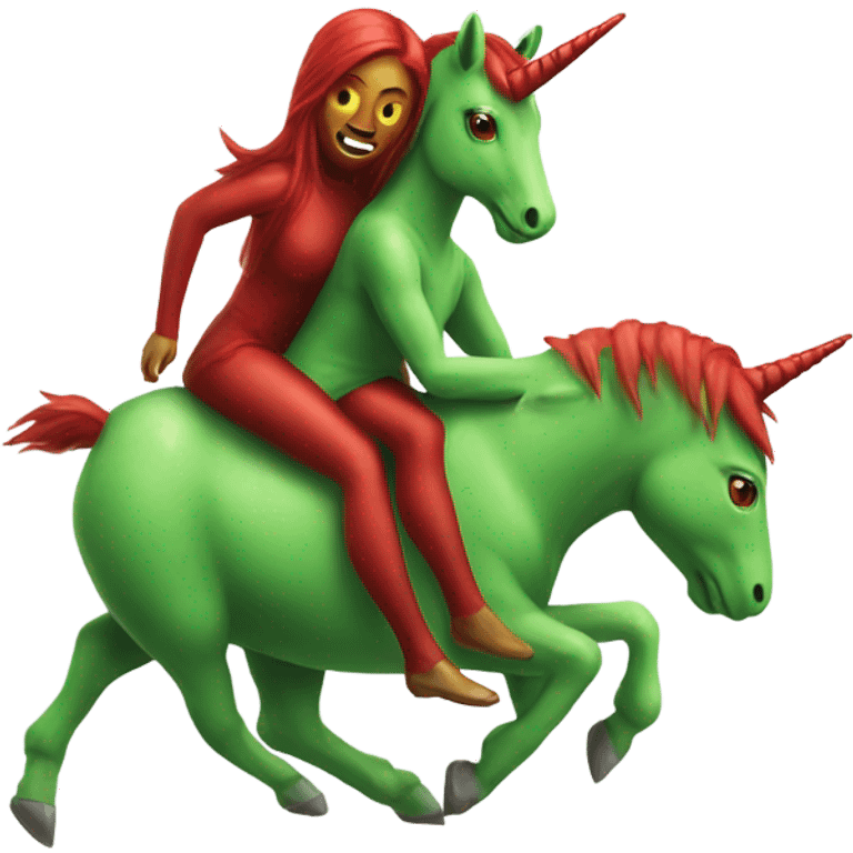 four-legged green unicorn white. a red amazon alien woman, on a unicorn emoji