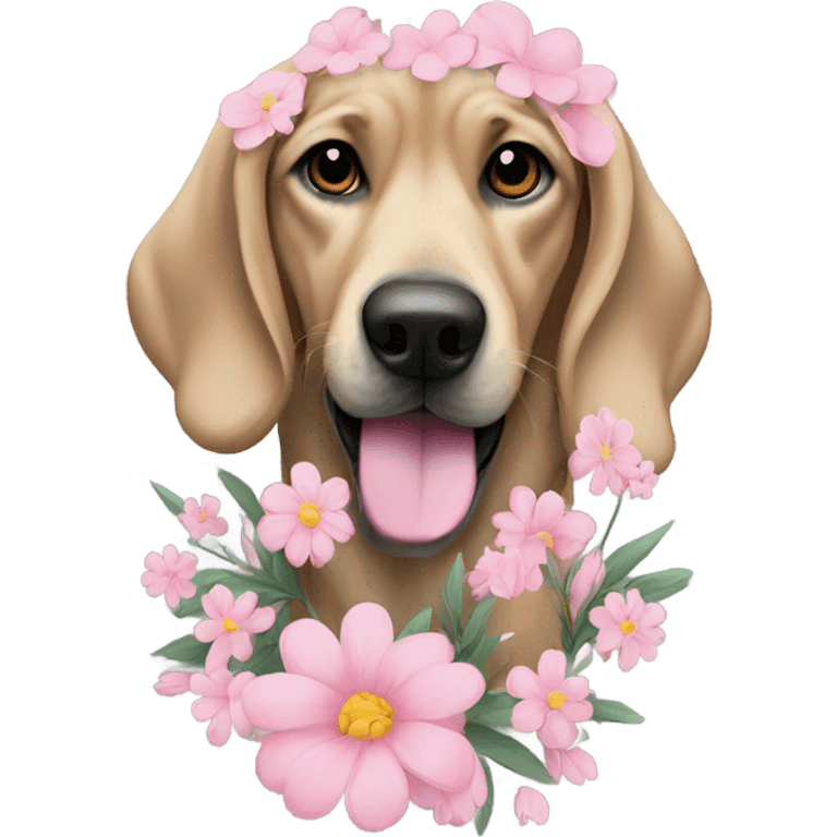 Dog,pink, flowers on a grey oversized T-shirt emoji