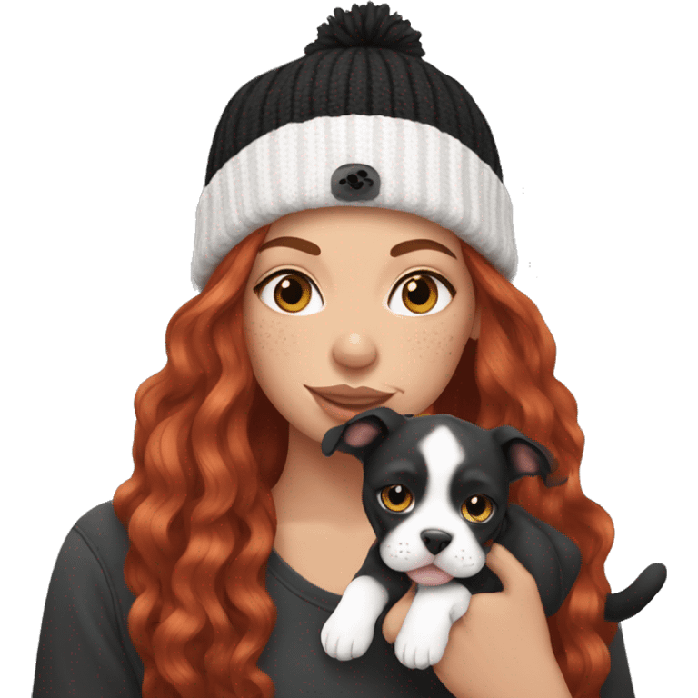 Long Red haired woman in beanie with septum piercing holding black and white English Staffordshire puppy and tabby cat emoji