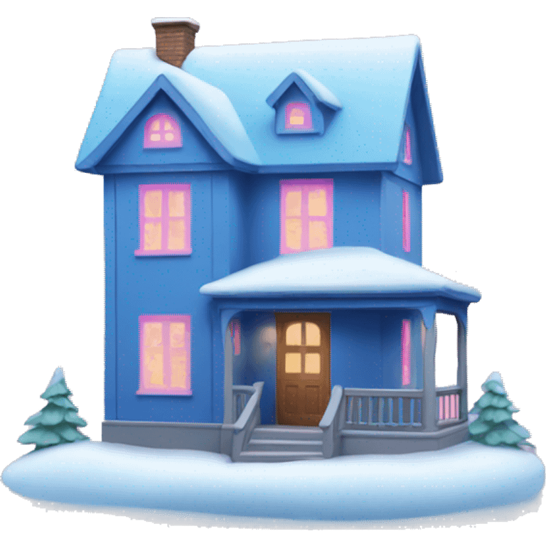 Blue house with pink windows and snow emoji