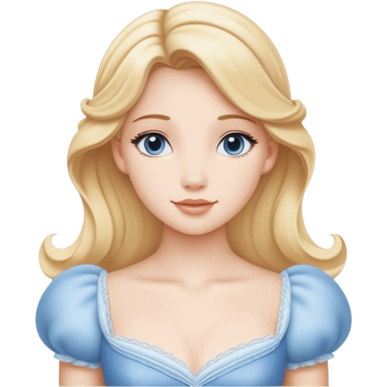 Cinematic Serene Cinderella Portrait Emoji, rendered in a realistic, vector-style with minimal shading. Depict a gentle Cinderella (chest and above) with porcelain skin, smooth blonde hair falling in soft waves, and calm, inviting eyes. Dressed in her modest daytime dress, she exudes quiet grace and pure enchantment, highlighted by a soft glowing outline. emoji