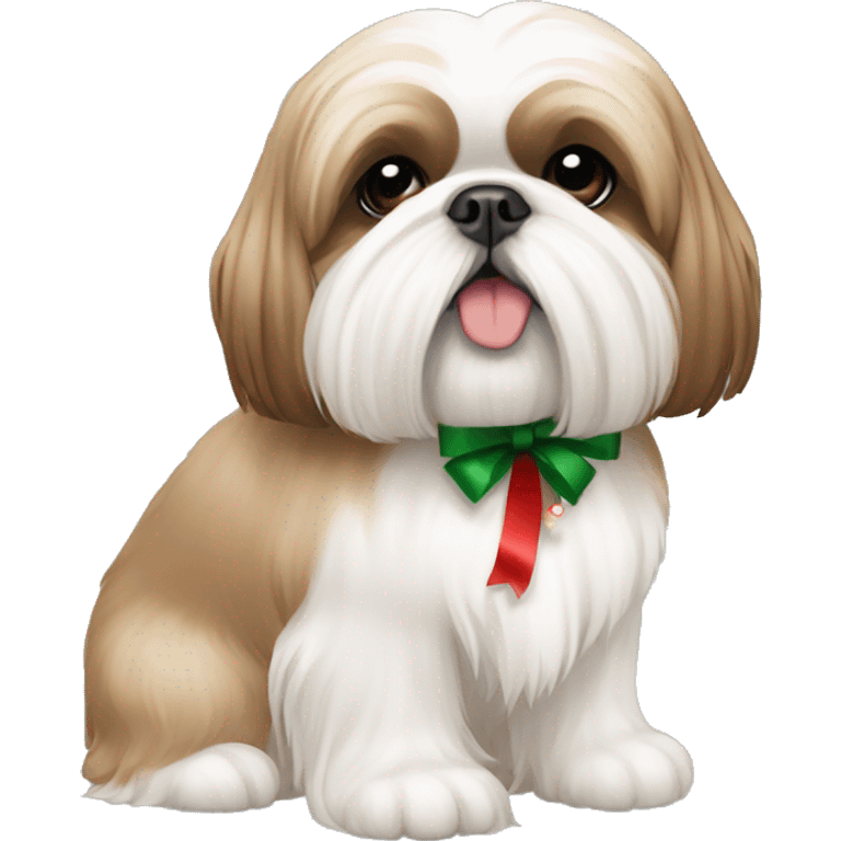 Tan and white coloured shih tzu sitting facing forward with christmas bow emoji