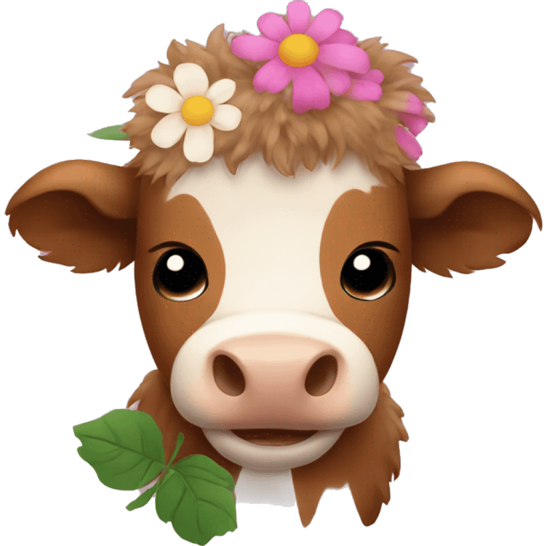 brown fluffy baby scottish cow with flowers emoji