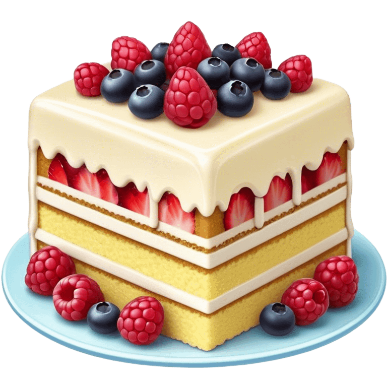 Cinematic luxurious slice of cake, delicate layers of moist sponge and rich frosting, beautifully decorated with fresh berries and a glossy glaze, soft glowing light, elegant and indulgent. emoji