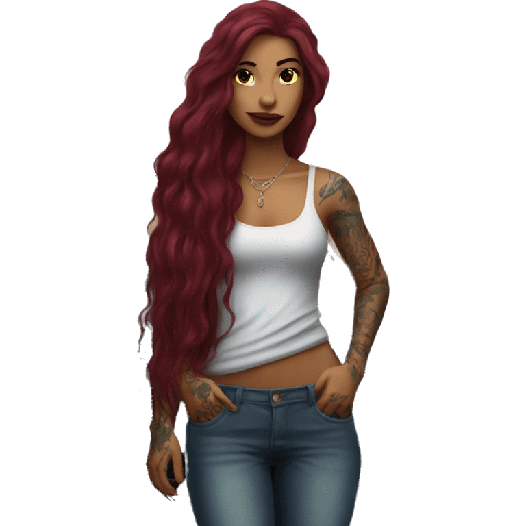 Beautiful tattooed burgundy long haired woman standing next to a car emoji