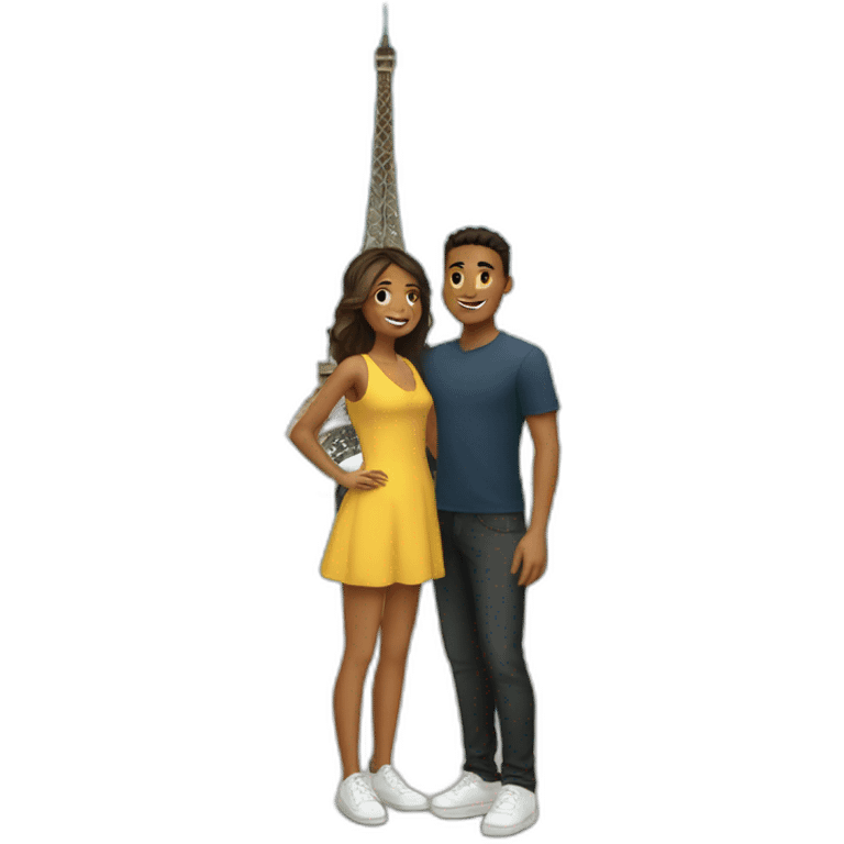 young couple standing in front of Eiffel tower emoji