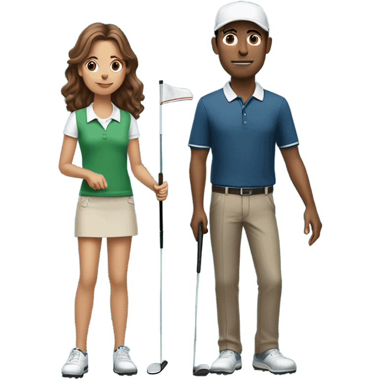 Tall, brown haired man, golfing with a short, long haired girl emoji