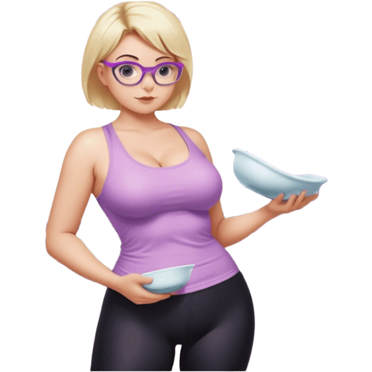 Seductive, Curvy fair skinned woman, short blond hair, small light purple reading glasses, washing dishes, SFW sheer pink tank top, without undergarments SFW, black yoga pants, thick booty emoji