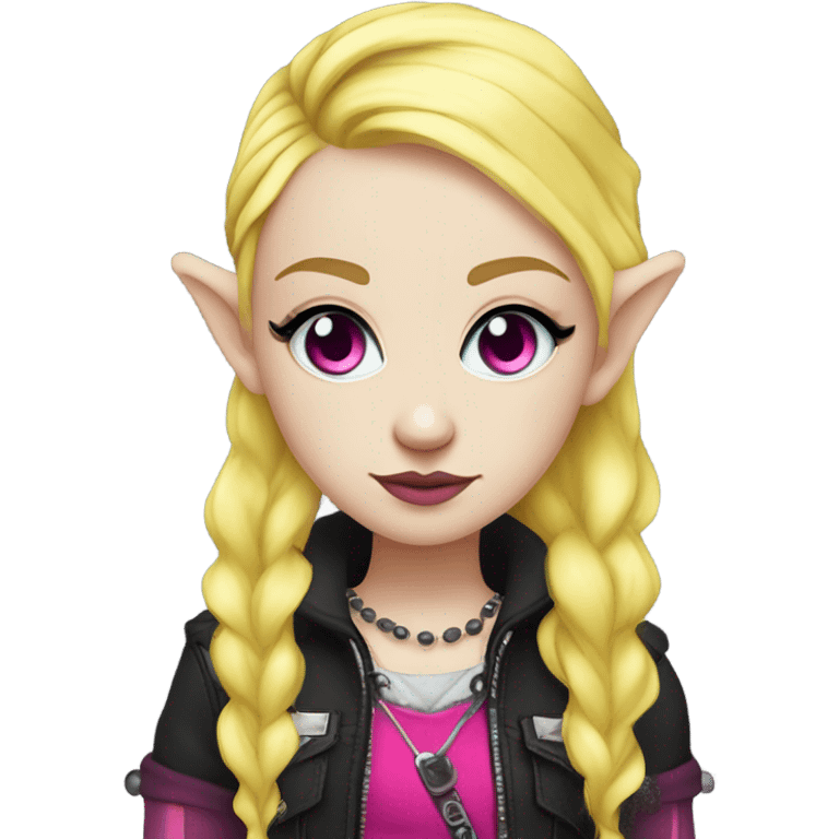 Blue eyed long eye lashes blonde  pale hime gyaru girl, hot pink and yellow split-dyed hair, nose ring, elf ears, dark makeup, punk clothes emoji