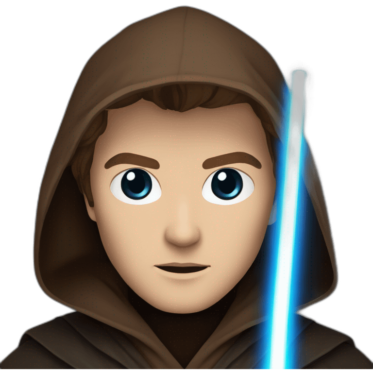 Dark side anakin skywalker (sith eyes) (brown hooded robe) (portrait, front facing) (blue lightsaber) emoji