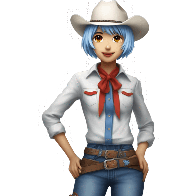 Rei ayanami in a cowboy costume, teen, full body. Only front view, no expression on the face. Make it genZ, stylist and cool, super realistic emoji