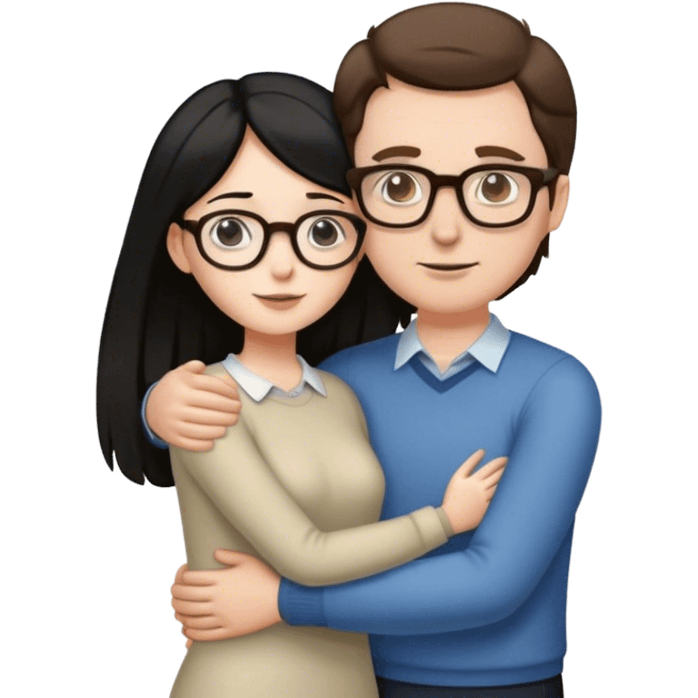 Tall white man with brown hair and glasses hugging an short pale woman with long black hair, standing emoji