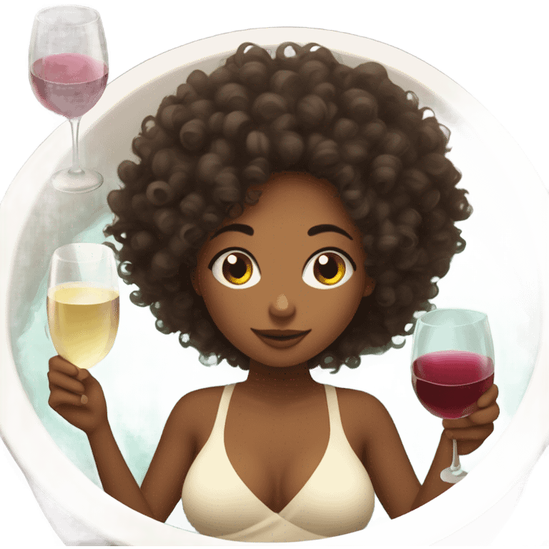 Curly hair Girl relaxing in spa with iPhone in hand and wine next to her emoji