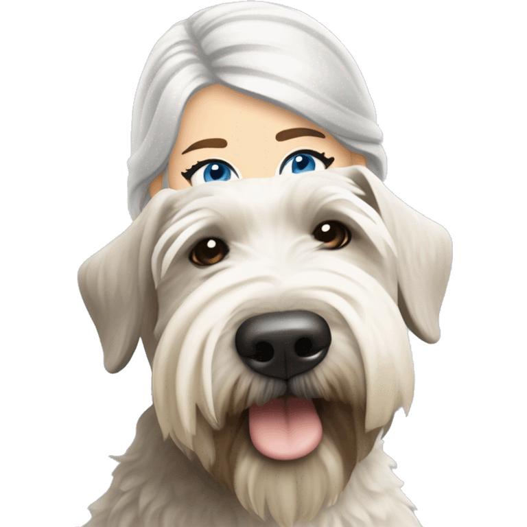 pretty woman blonde hair blue eyes hugging a white and gray soft coated wheaten terrier dog with bangs over one dog eye emoji